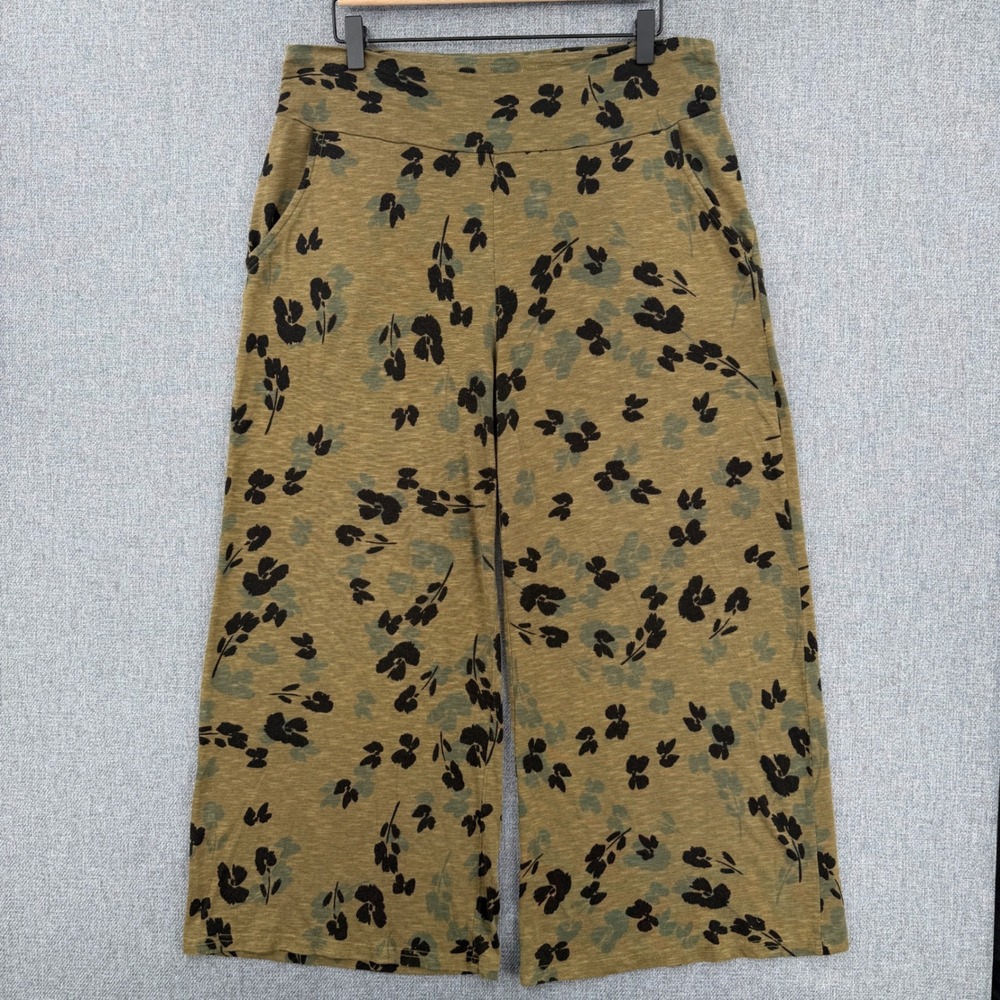 Toad&Co Chaka Cropped Wide Leg Pull Pant Olive Green Floral Med Natural Fiber